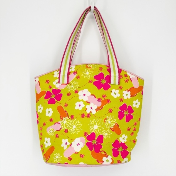 Lilly Pulitzer Vintage Pink/Lime Green Floral Flipflop Print Canvas Tote Bag - Picture 6 of 12